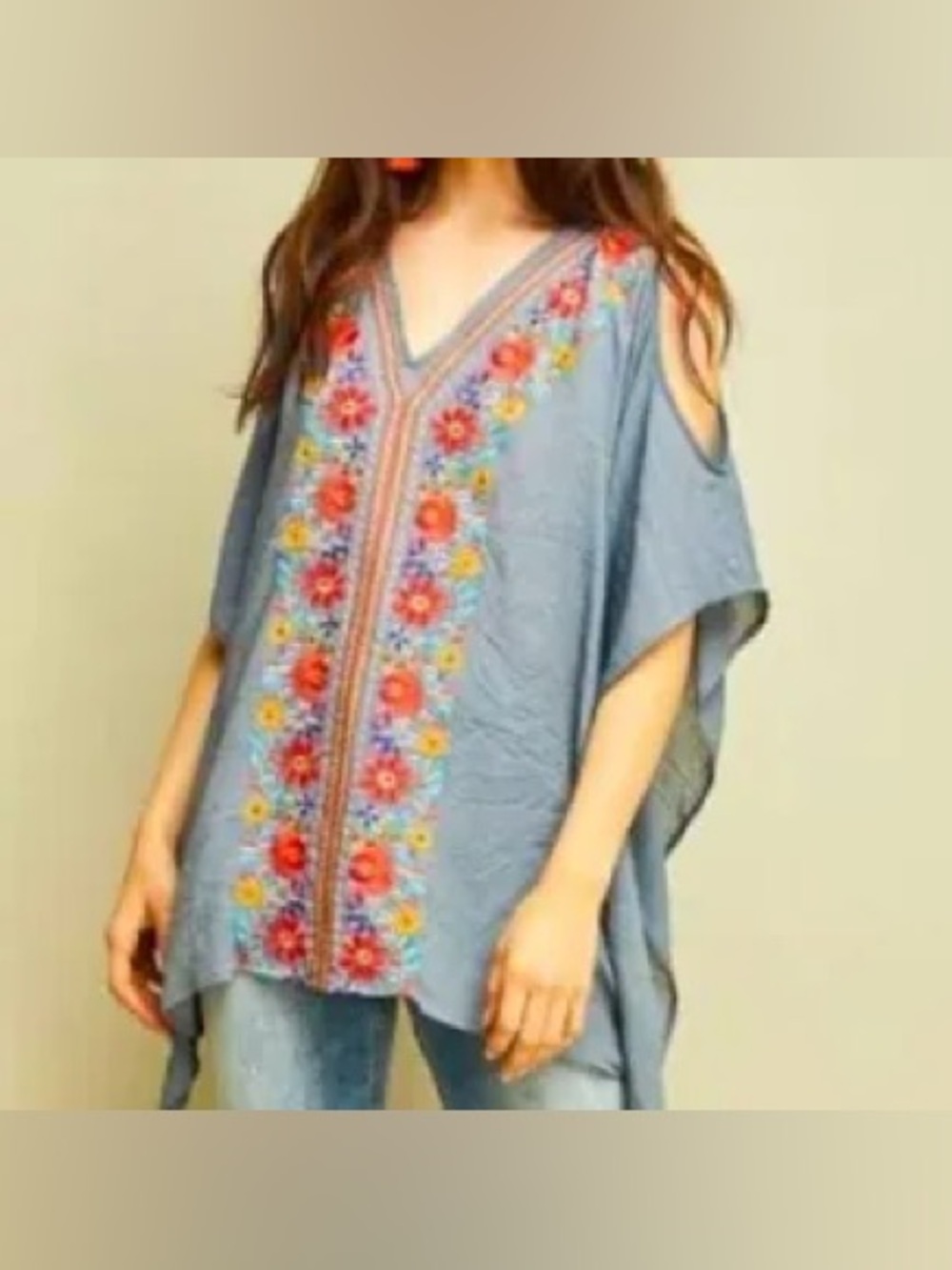 entro Chambray Blue Embroidered V-Neck Cold-Shoulder Tunic